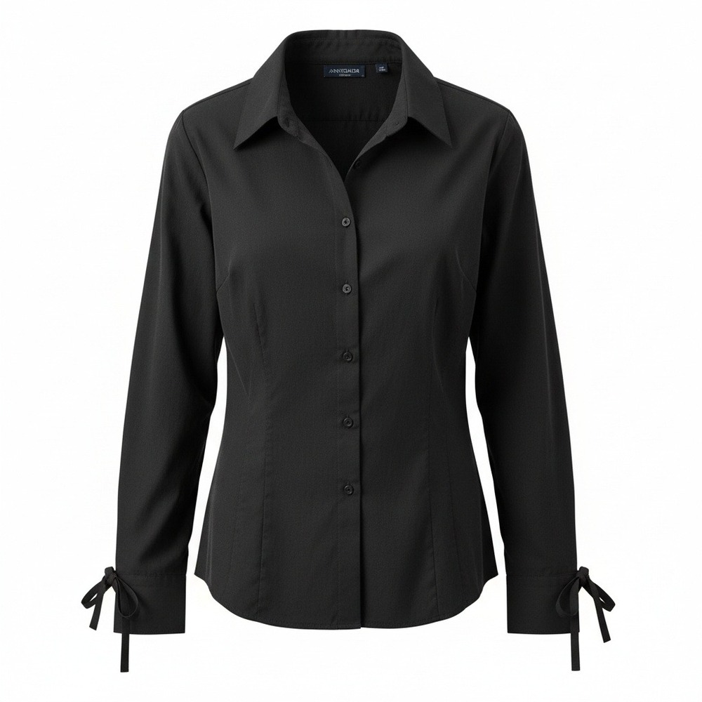 Ann Taylor Womens Button Down Shirt Black Lace Up Cuff Cotton Stretch Office 14